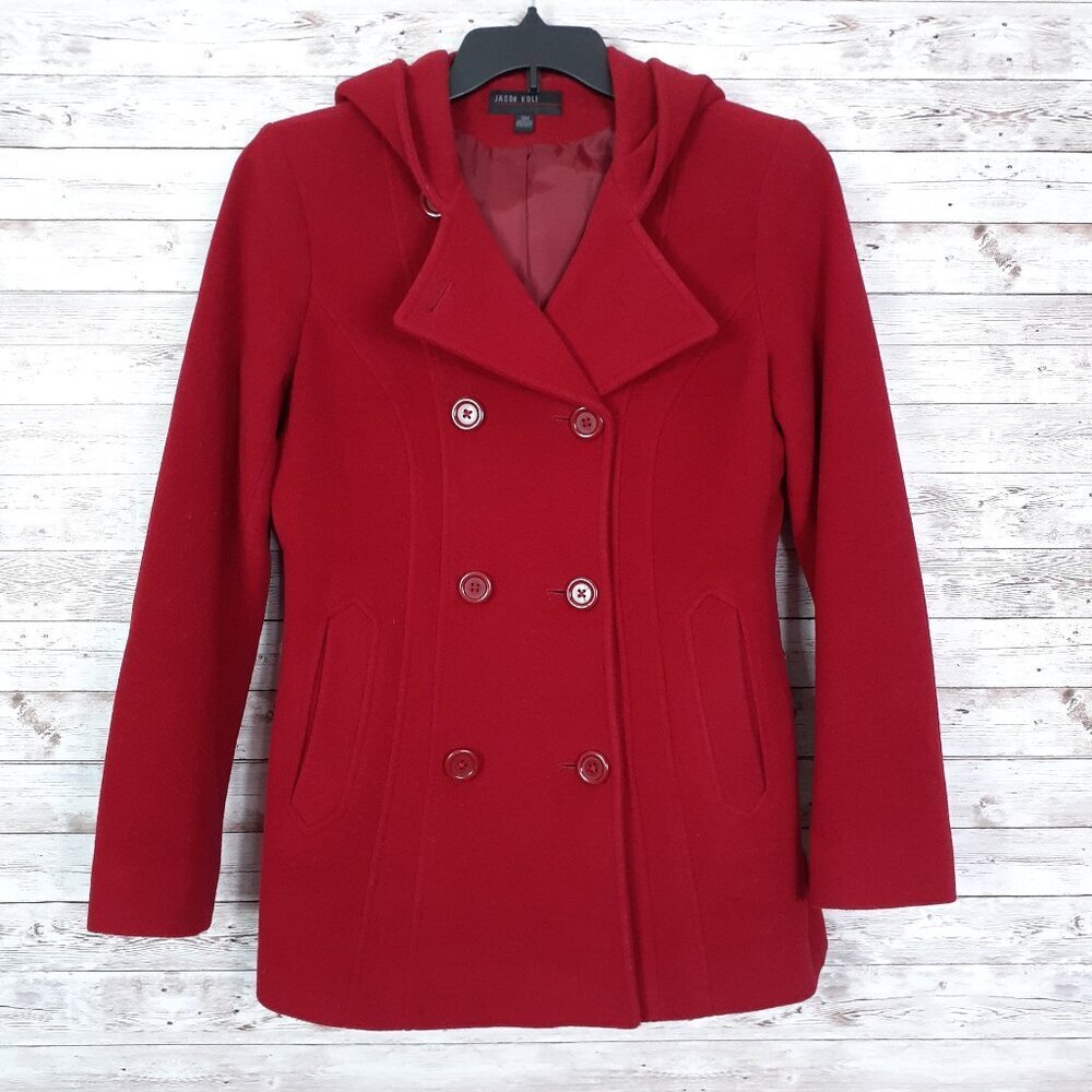Jason Kole Womens Wool Blend Double Breasted Pea Coat S/M Hooded Red CL